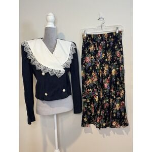 Vintage 90s Jeffrey & Dara Women's Sz 10 Navy Blue Cottage Floral Skirt Set